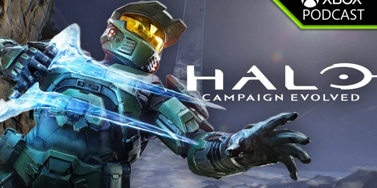 Master Chief reaches forward with glowing energy effects beside the Halo Campaign Evolved game artwork.