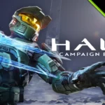 Master Chief reaches forward with glowing energy effects beside the Halo Campaign Evolved game artwork.