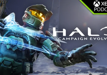 Master Chief reaches forward with glowing energy effects beside the Halo Campaign Evolved game artwork.