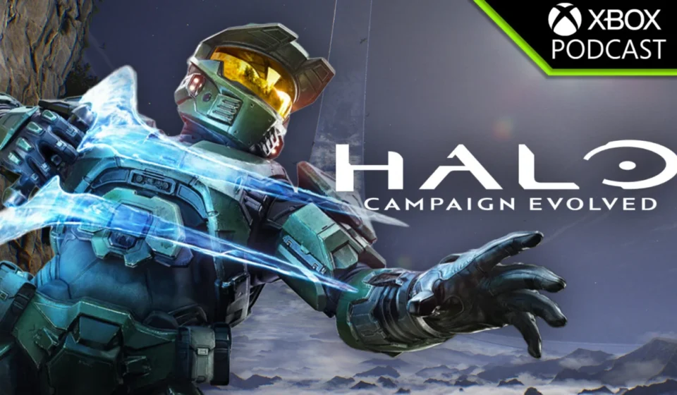 Master Chief reaches forward with glowing energy effects beside the Halo Campaign Evolved game artwork.