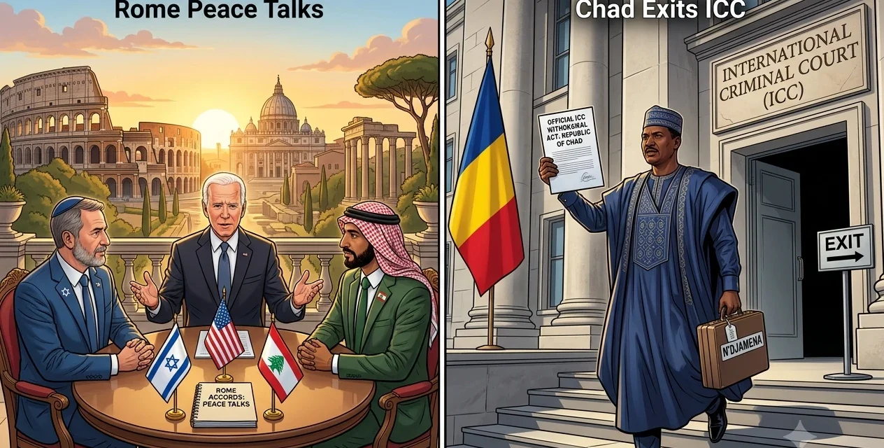 Split illustration of Rome peace talks between Israel and Lebanon alongside Chad leaving the ICC in 2026.