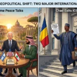 Split illustration of Rome peace talks between Israel and Lebanon alongside Chad leaving the ICC in 2026.
