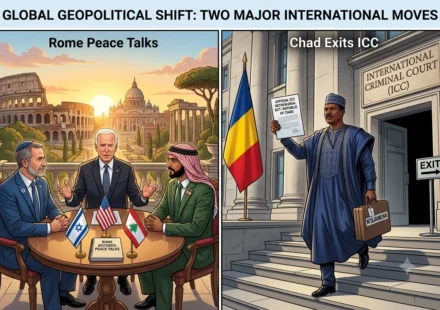 Split illustration of Rome peace talks between Israel and Lebanon alongside Chad leaving the ICC in 2026.