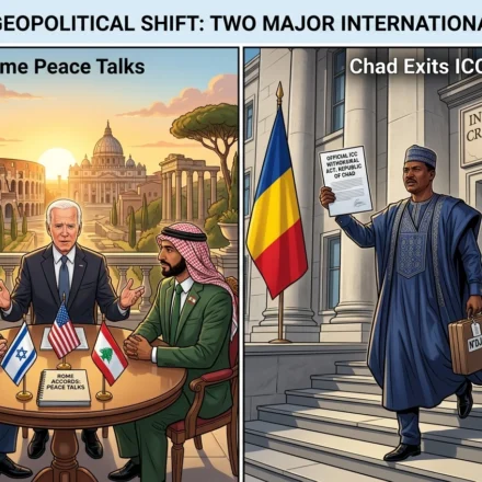 Split illustration of Rome peace talks between Israel and Lebanon alongside Chad leaving the ICC in 2026.