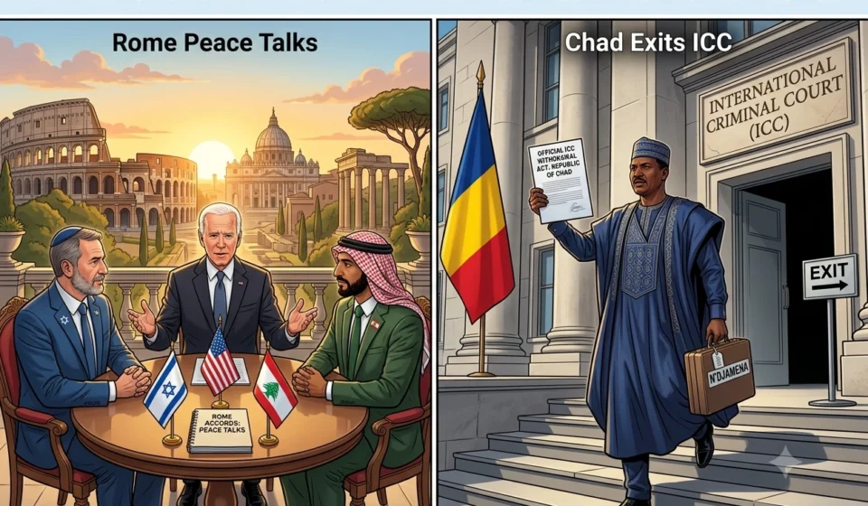 Split illustration of Rome peace talks between Israel and Lebanon alongside Chad leaving the ICC in 2026.