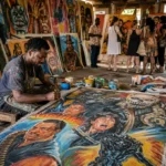 Ghanaian artist painting a vibrant hand painted movie poster in a colorful workshop as international collectors admire the artwork.