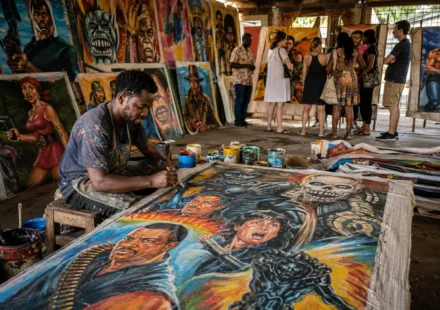 Ghanaian artist painting a vibrant hand painted movie poster in a colorful workshop as international collectors admire the artwork.