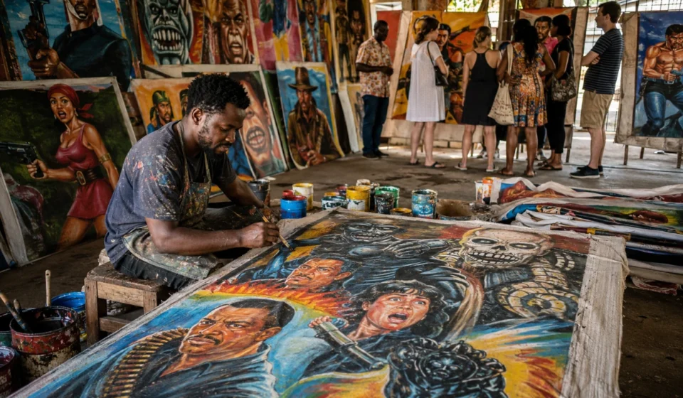 Ghanaian artist painting a vibrant hand painted movie poster in a colorful workshop as international collectors admire the artwork.