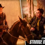 Captain Pike rides a horse beside Star Trek Strange New Worlds crew in a dramatic split scene poster