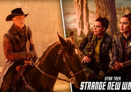 Captain Pike rides a horse beside Star Trek Strange New Worlds crew in a dramatic split scene poster