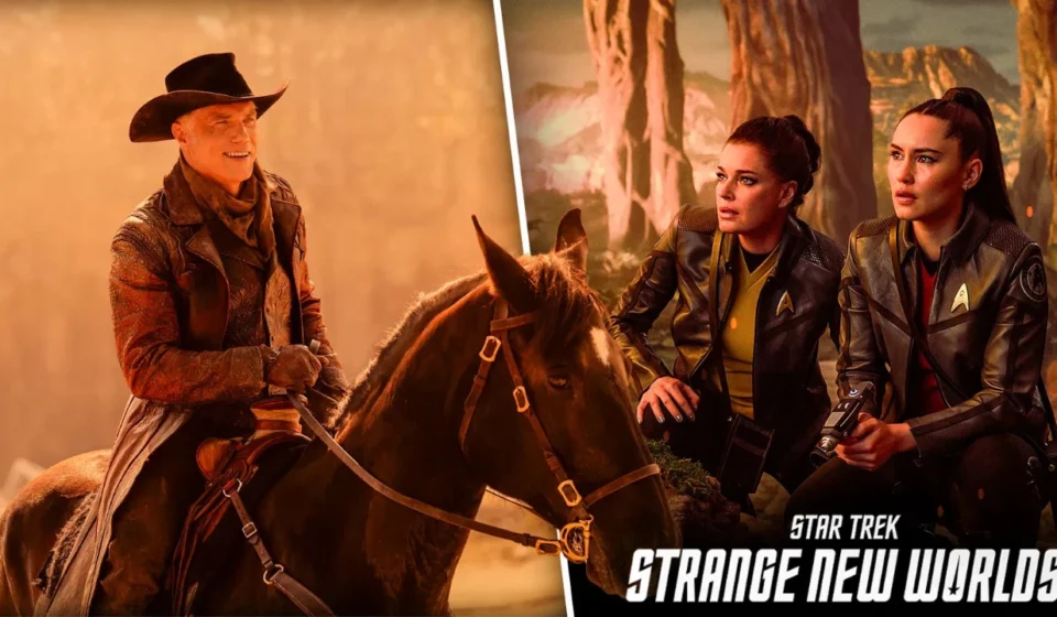 Captain Pike rides a horse beside Star Trek Strange New Worlds crew in a dramatic split scene poster