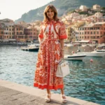Woman in elegant resort dress by a Mediterranean harbor with boats and colorful coastal village backdrop.