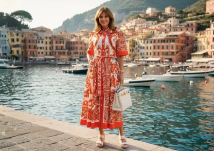 Woman in elegant resort dress by a Mediterranean harbor with boats and colorful coastal village backdrop.