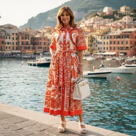 Woman in elegant resort dress by a Mediterranean harbor with boats and colorful coastal village backdrop.