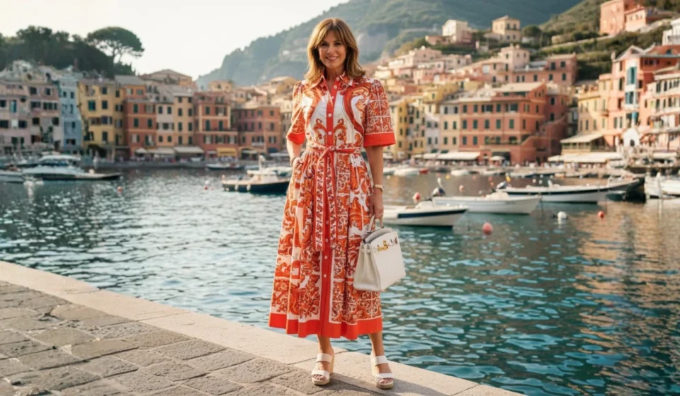 Woman in elegant resort dress by a Mediterranean harbor with boats and colorful coastal village backdrop.