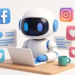 Cute AI robot creating social media posts on laptop surrounded by social app icons and reactions.