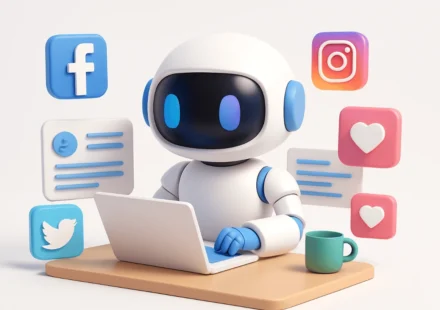 Cute AI robot creating social media posts on laptop surrounded by social app icons and reactions.