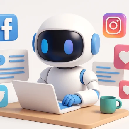 Cute AI robot creating social media posts on laptop surrounded by social app icons and reactions.