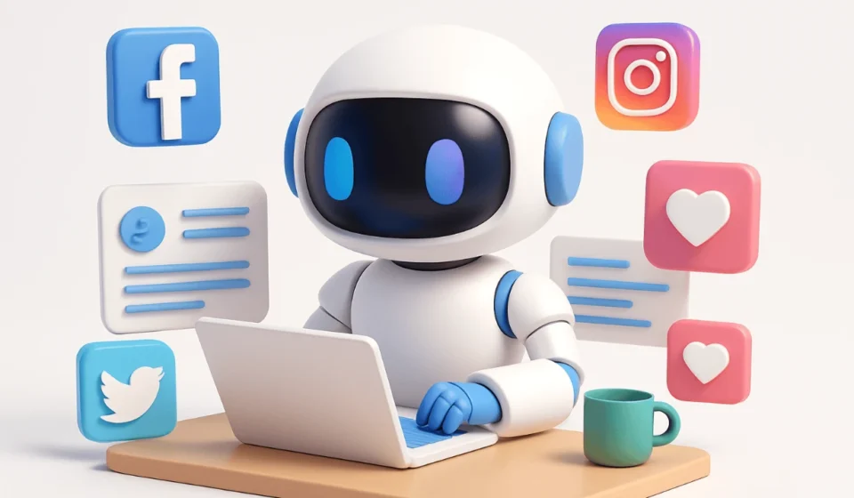Cute AI robot creating social media posts on laptop surrounded by social app icons and reactions.