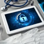 Tablet displaying healthcare cybersecurity lock beside medical tools, highlighting secure systems AI