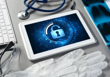 Tablet displaying healthcare cybersecurity lock beside medical tools, highlighting secure systems AI