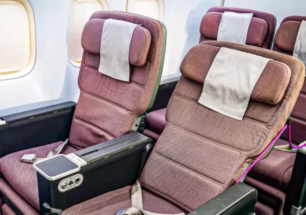 Premium airline seats inside a modern aircraft cabin showcasing upgraded passenger comfort and style.