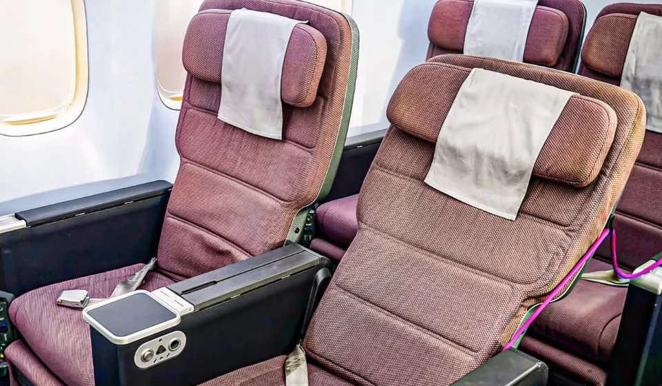 Premium airline seats inside a modern aircraft cabin showcasing upgraded passenger comfort and style.