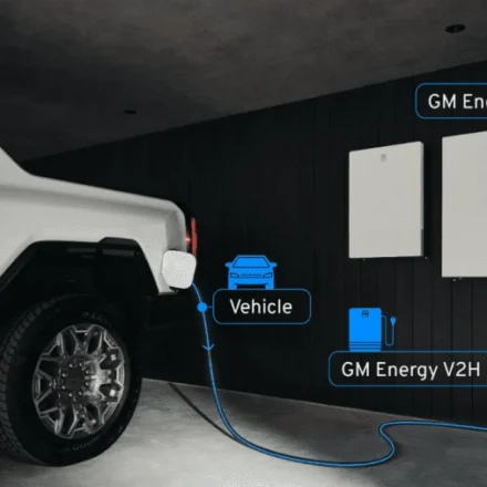 White electric pickup connected to a GM Energy V2H system providing home backup power during outages.