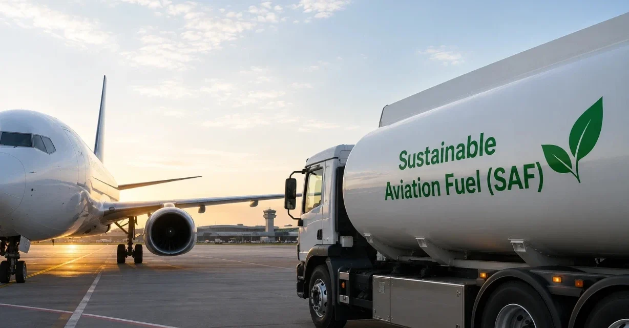 Commercial aircraft beside a Sustainable Aviation Fuel tanker truck at an airport during sunrise operations.