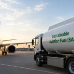 Commercial aircraft beside a Sustainable Aviation Fuel tanker truck at an airport during sunrise operations.