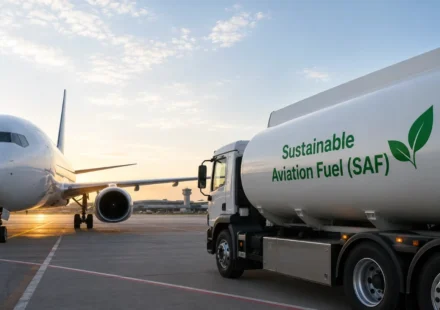Commercial aircraft beside a Sustainable Aviation Fuel tanker truck at an airport during sunrise operations.