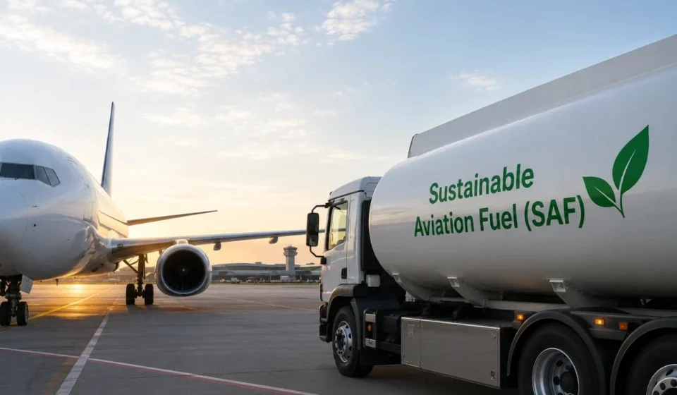 Commercial aircraft beside a Sustainable Aviation Fuel tanker truck at an airport during sunrise operations.