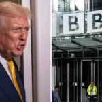 Donald Trump and BBC headquarters shown in a split image highlighting the defamation lawsuit.