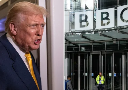 Donald Trump and BBC headquarters shown in a split image highlighting the defamation lawsuit.