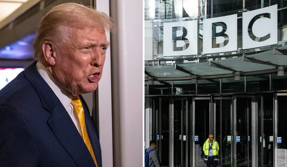 Donald Trump and BBC headquarters shown in a split image highlighting the defamation lawsuit.