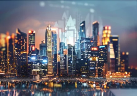 AI powered Southeast Asian city skyline displayed on laptop, symbolizing digital infrastructure investment growth.