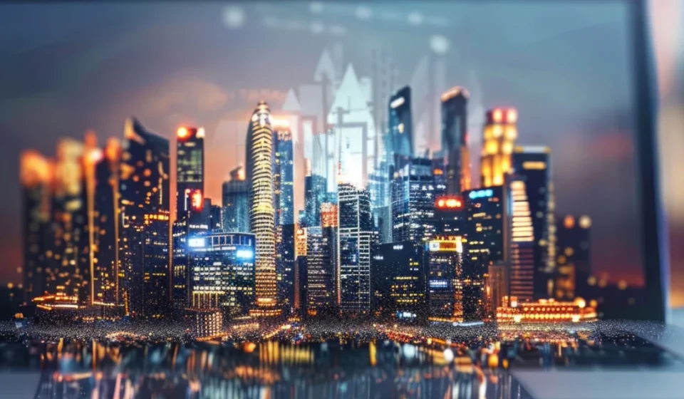 AI powered Southeast Asian city skyline displayed on laptop, symbolizing digital infrastructure investment growth.