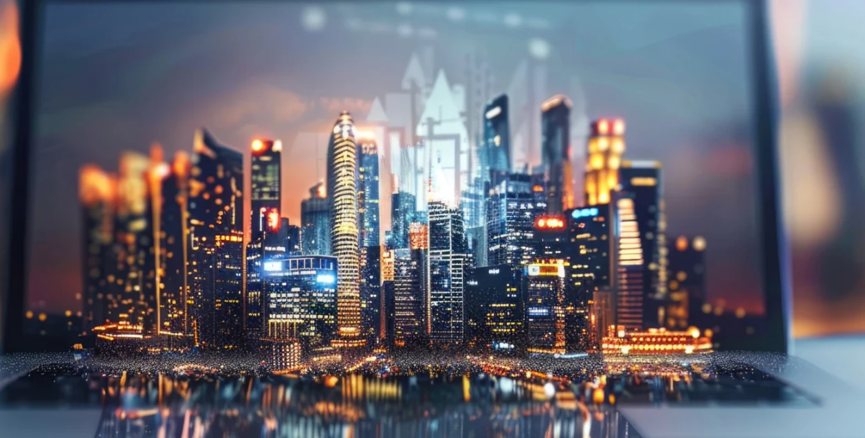 AI powered Southeast Asian city skyline displayed on laptop, symbolizing digital infrastructure investment growth.