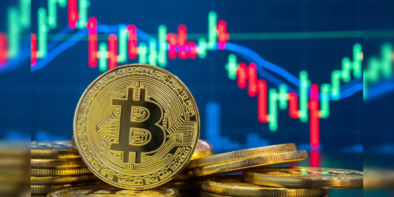 Golden Bitcoin coins stacked in front of a blue candlestick trading chart showing price movement