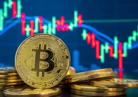 Golden Bitcoin coins stacked in front of a blue candlestick trading chart showing price movement