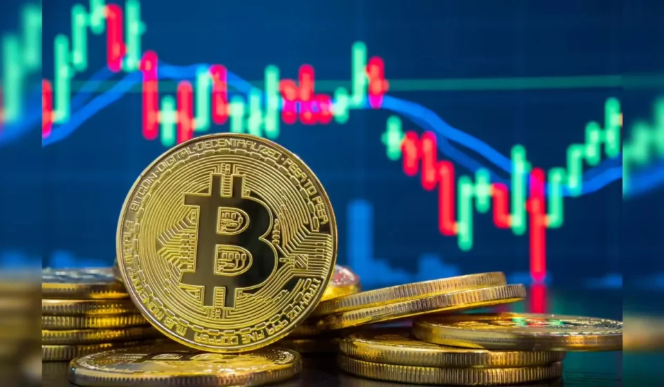 Golden Bitcoin coins stacked in front of a blue candlestick trading chart showing price movement