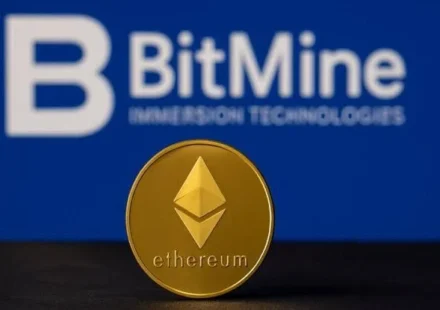 Bitmine Immersion Technologies logo behind an Ethereum coin highlighting its growing ETH treasury holdings.