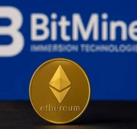 Bitmine Immersion Technologies logo behind an Ethereum coin highlighting its growing ETH treasury holdings.