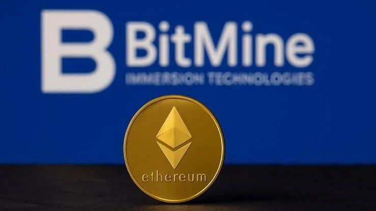 Bitmine Immersion Technologies logo behind an Ethereum coin highlighting its growing ETH treasury holdings.