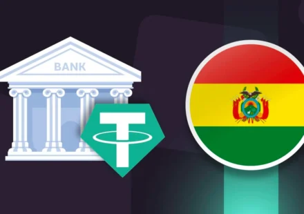 Bank building, USDT symbol, and Bolivia flag representing stablecoin payment system integration initiative