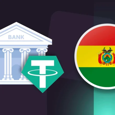 Bank building, USDT symbol, and Bolivia flag representing stablecoin payment system integration initiative