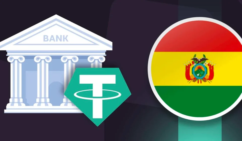Bank building, USDT symbol, and Bolivia flag representing stablecoin payment system integration initiative