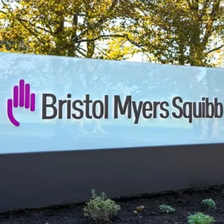 Bristol Myers Squibb headquarters sign outside office campus announcing AI and life sciences expansion initiative.