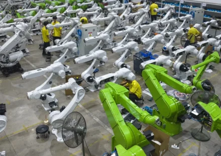 China factory workers assembling industrial robotic arms for AI driven advanced manufacturing production lines.