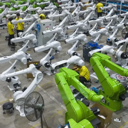 China factory workers assembling industrial robotic arms for AI driven advanced manufacturing production lines.